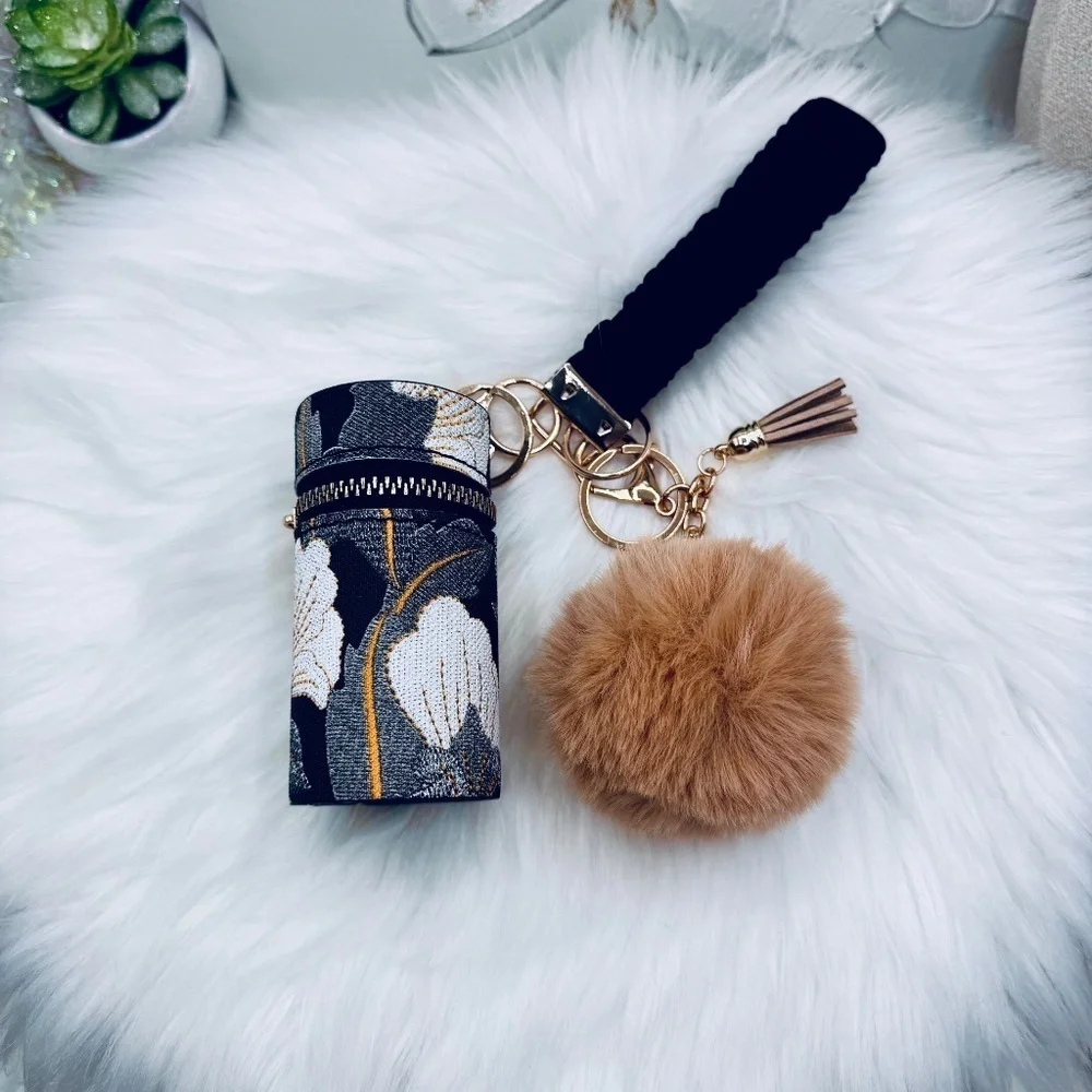 Floral Patterned Black and Gold Women's Coin Purse or Bag Charm Accessory